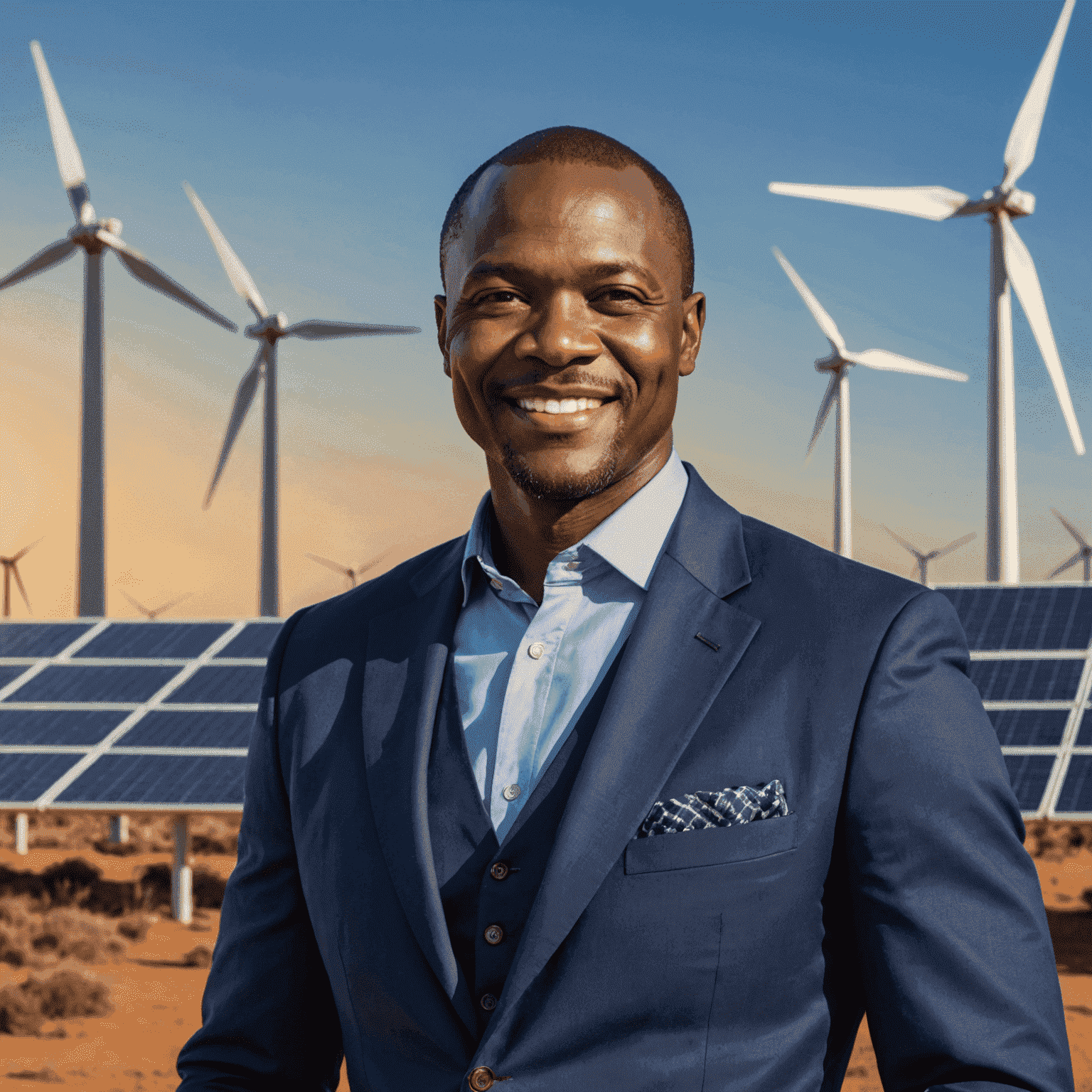 Portrait of Jabulani Nkosi, a confident Black South African man in his mid-40s, wearing a smart casual outfit with a navy blue blazer. He has a warm smile and is standing in front of a backdrop showcasing solar panels and wind turbines.