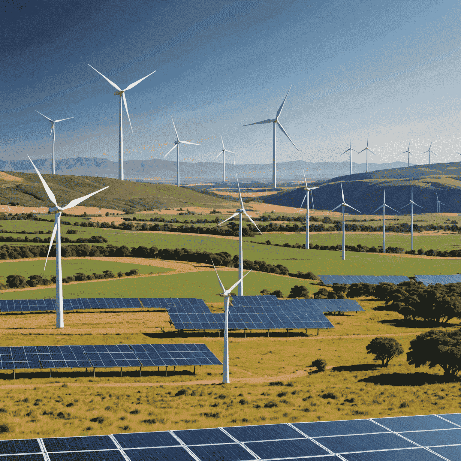 Panoramic view of a South African landscape with wind turbines and solar panels, showcasing the country's commitment to renewable energy