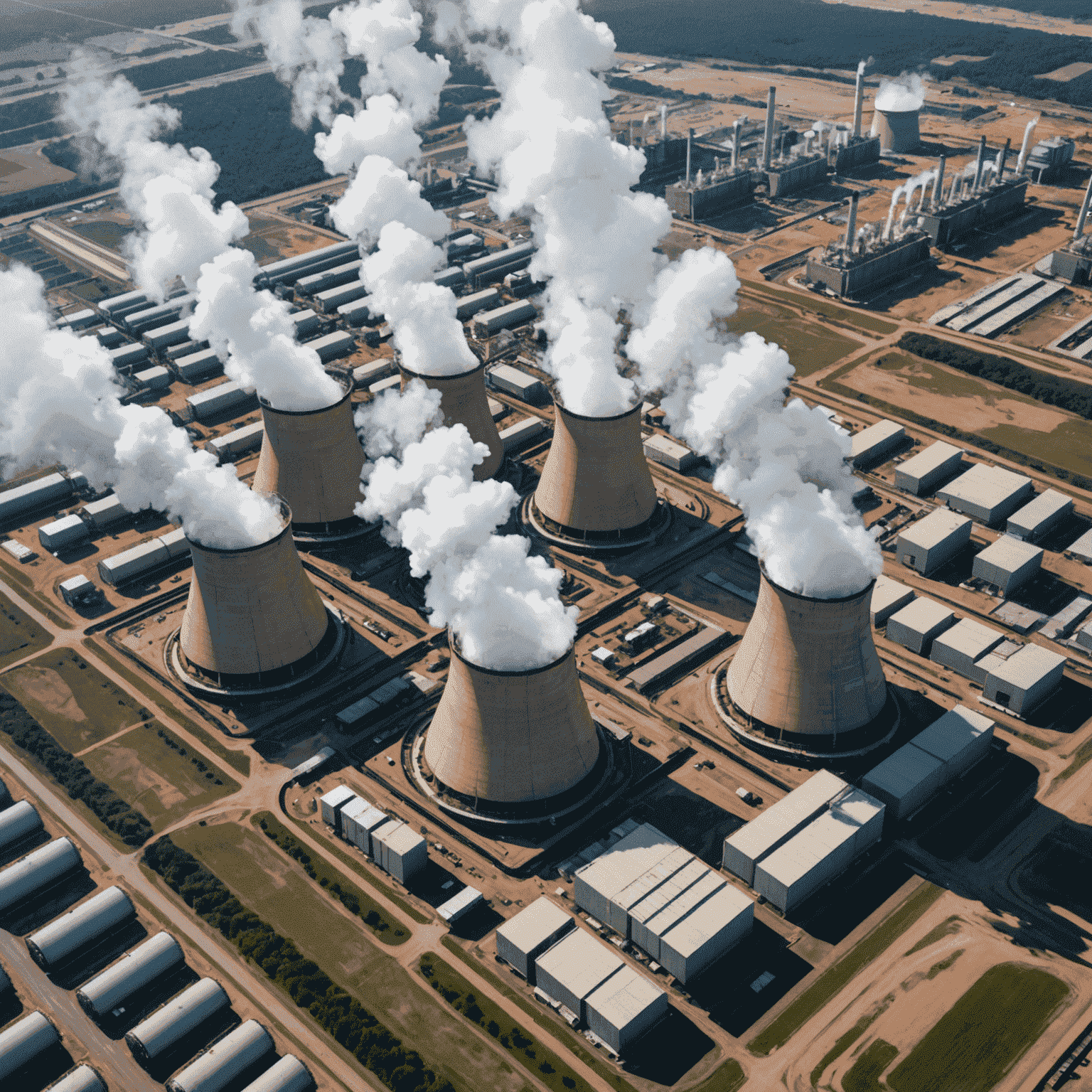 Aerial view of a large power plant with multiple cooling towers emitting steam, symbolizing Eskom's electricity generation capacity