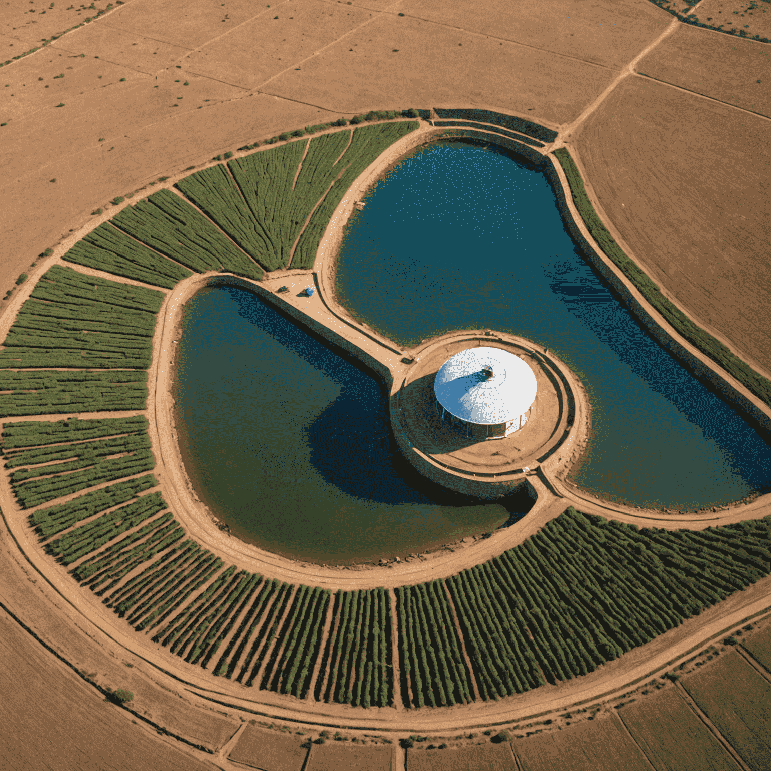 Aerial view of a South African water conservation project showing innovative irrigation systems and water-saving technologies in a drought-affected area