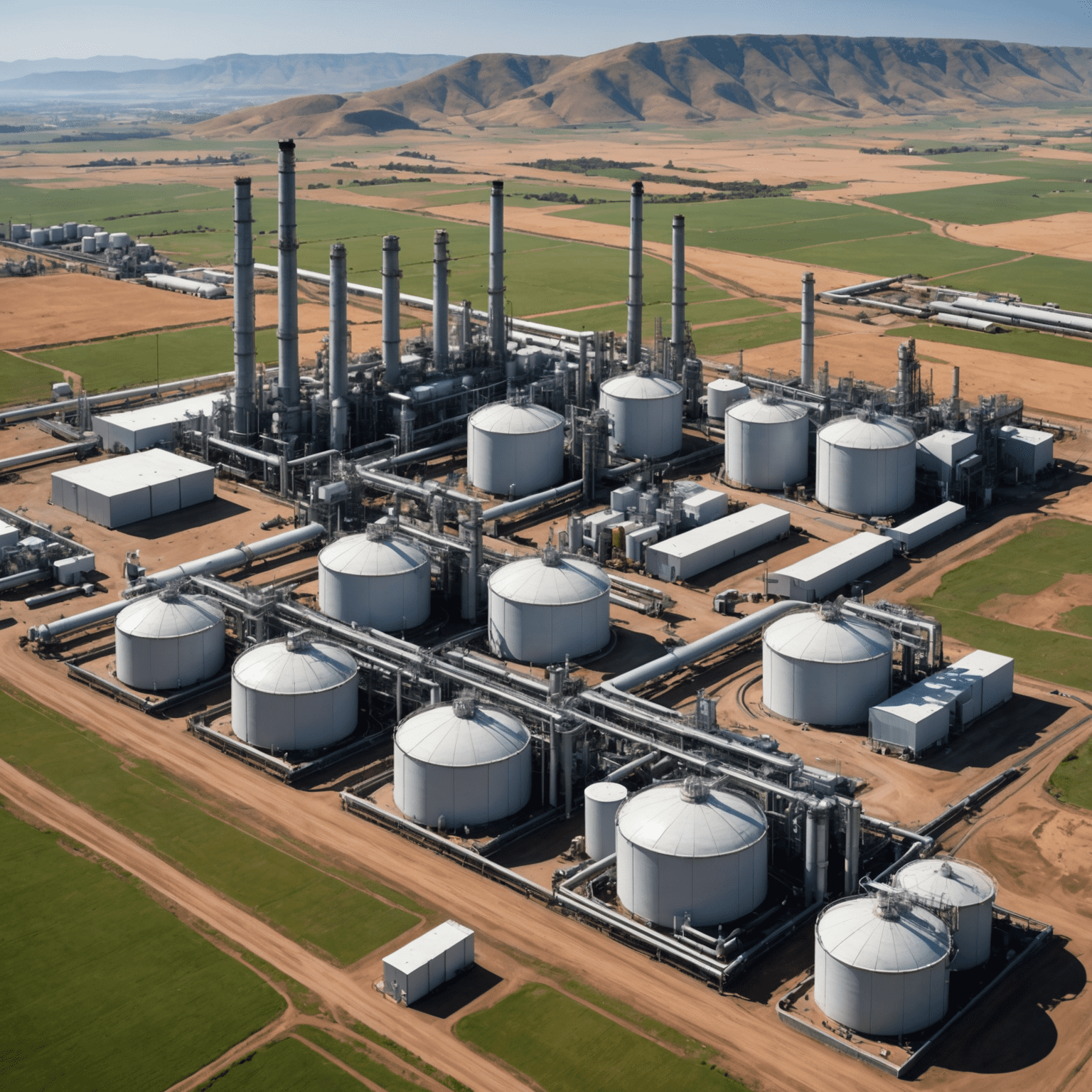 Aerial view of a natural gas processing plant in South Africa, with pipelines and storage tanks visible against a backdrop of rolling hills