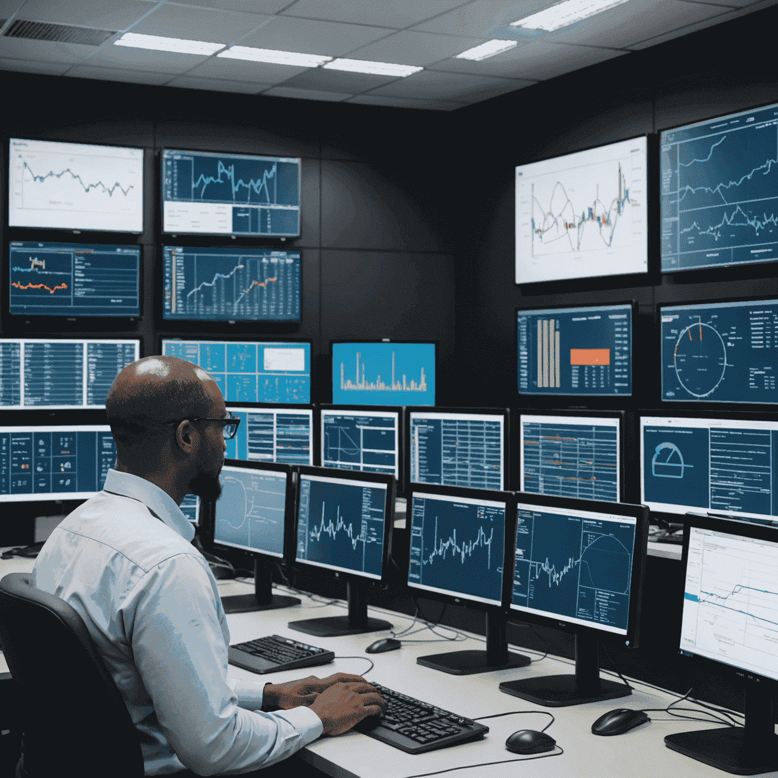 A modern smart grid control center with multiple screens displaying real-time data of South Africa's power distribution network. Engineers are seen monitoring the system.