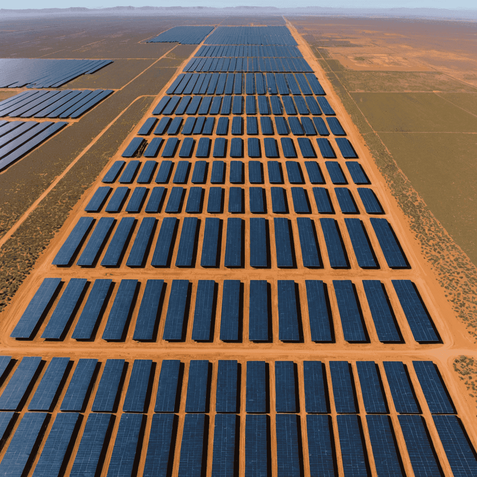 Aerial view of a vast solar farm in the Northern Cape, with rows of photovoltaic panels stretching to the horizon