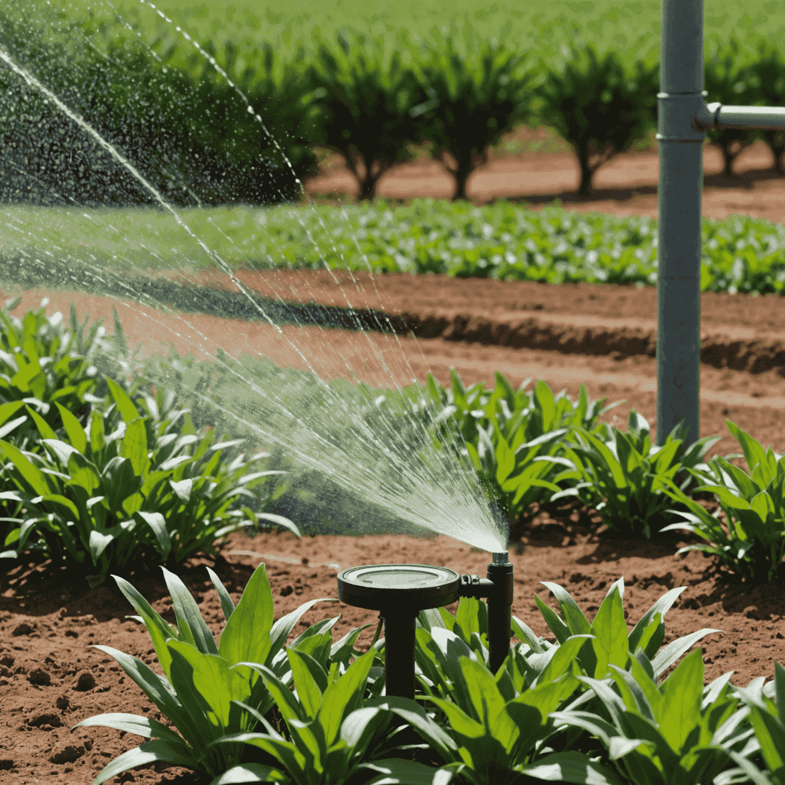 Close-up of a smart irrigation system in action, showing water-efficient sprinklers and soil moisture sensors in a South African farm