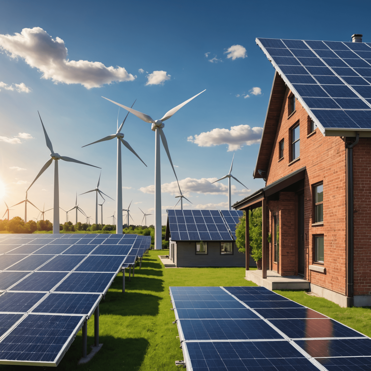 A split image showing a traditional power grid on one side and a modern smart grid on the other, highlighting the differences in technology and efficiency. The smart grid side shows solar panels and wind turbines integrated into the system.