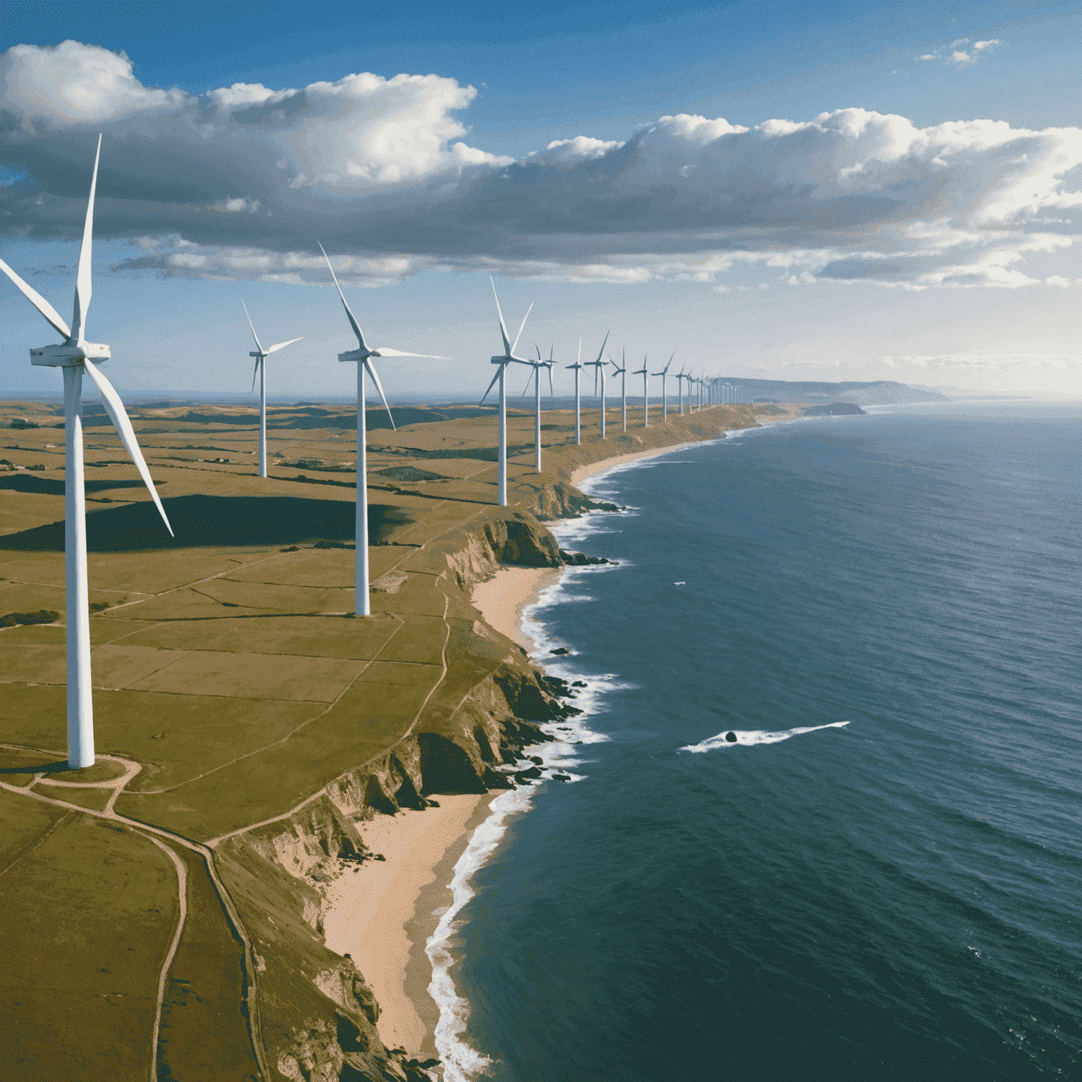 Wind turbines along the coast of the Eastern Cape, with the ocean in the background, symbolizing the harmony between renewable energy and nature