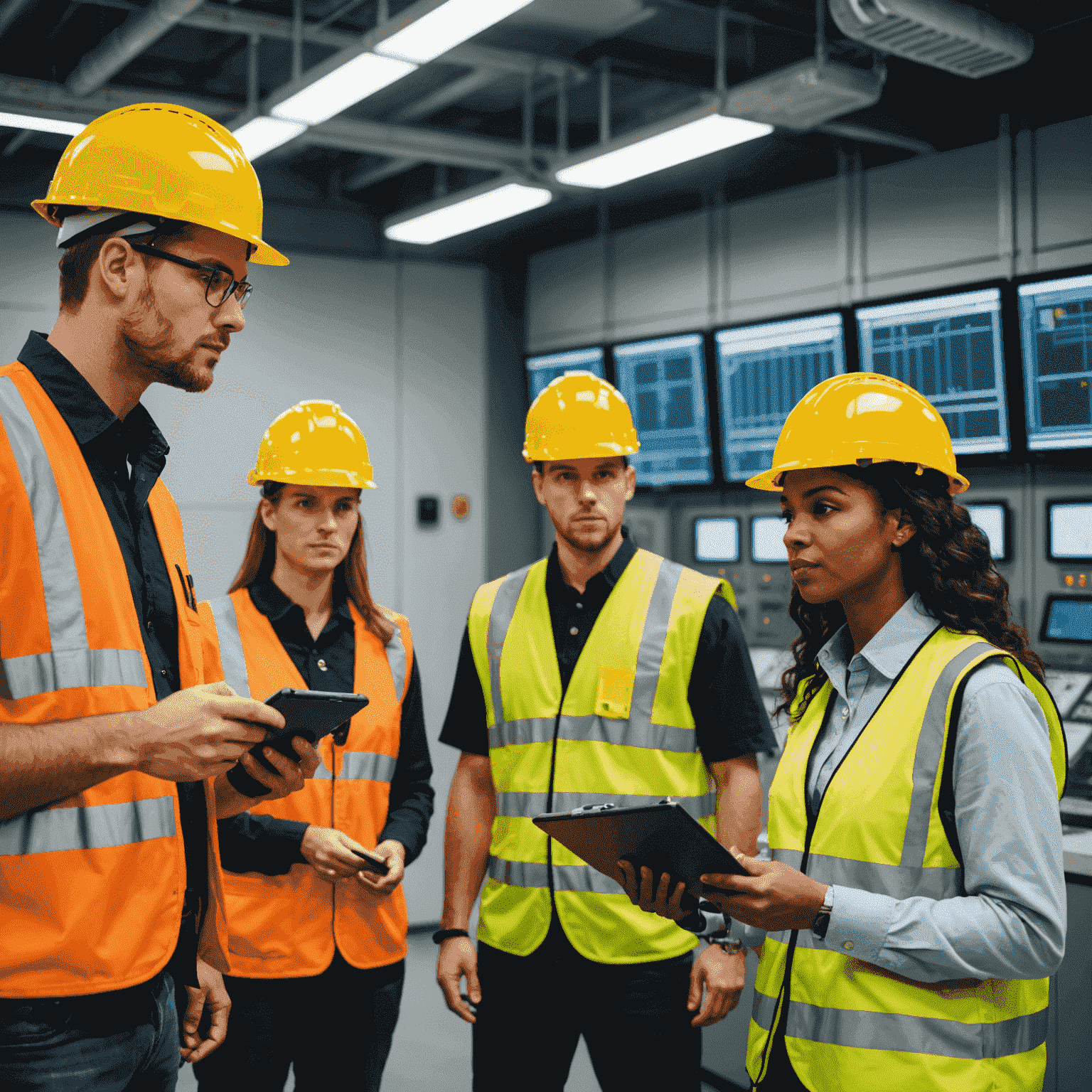 Group of diverse young professionals in hard hats and safety vests receiving training in a modern power plant control room