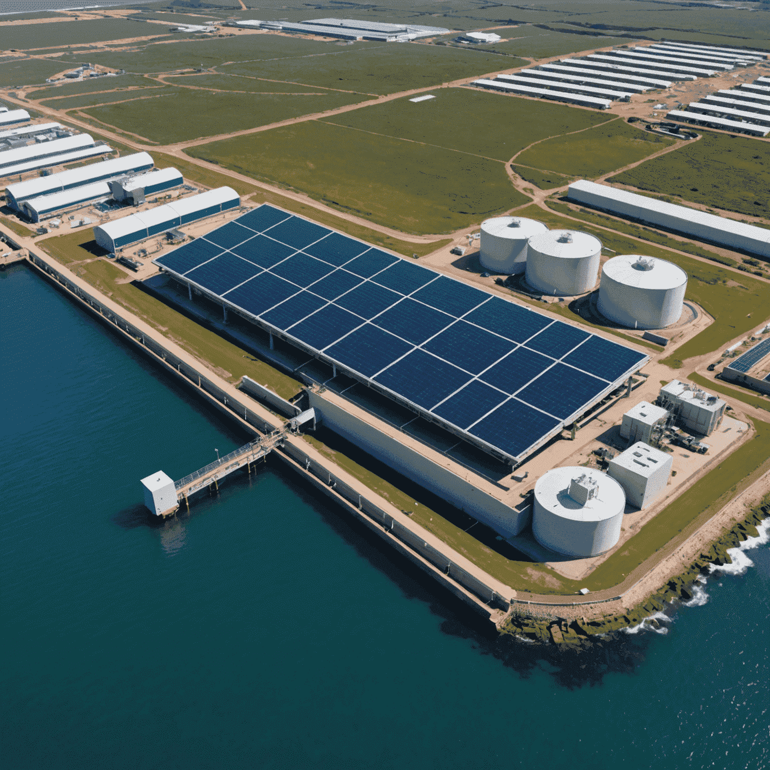 Modern desalination plant on the South African coast, showcasing solar panels and advanced filtration systems