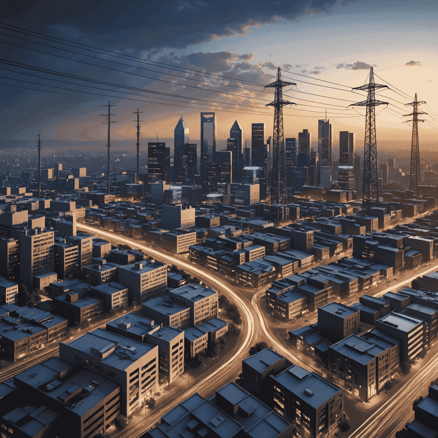 A futuristic cityscape of Johannesburg with visible smart grid infrastructure, including advanced power lines, distributed energy resources, and electric vehicle charging stations integrated seamlessly into the urban environment.