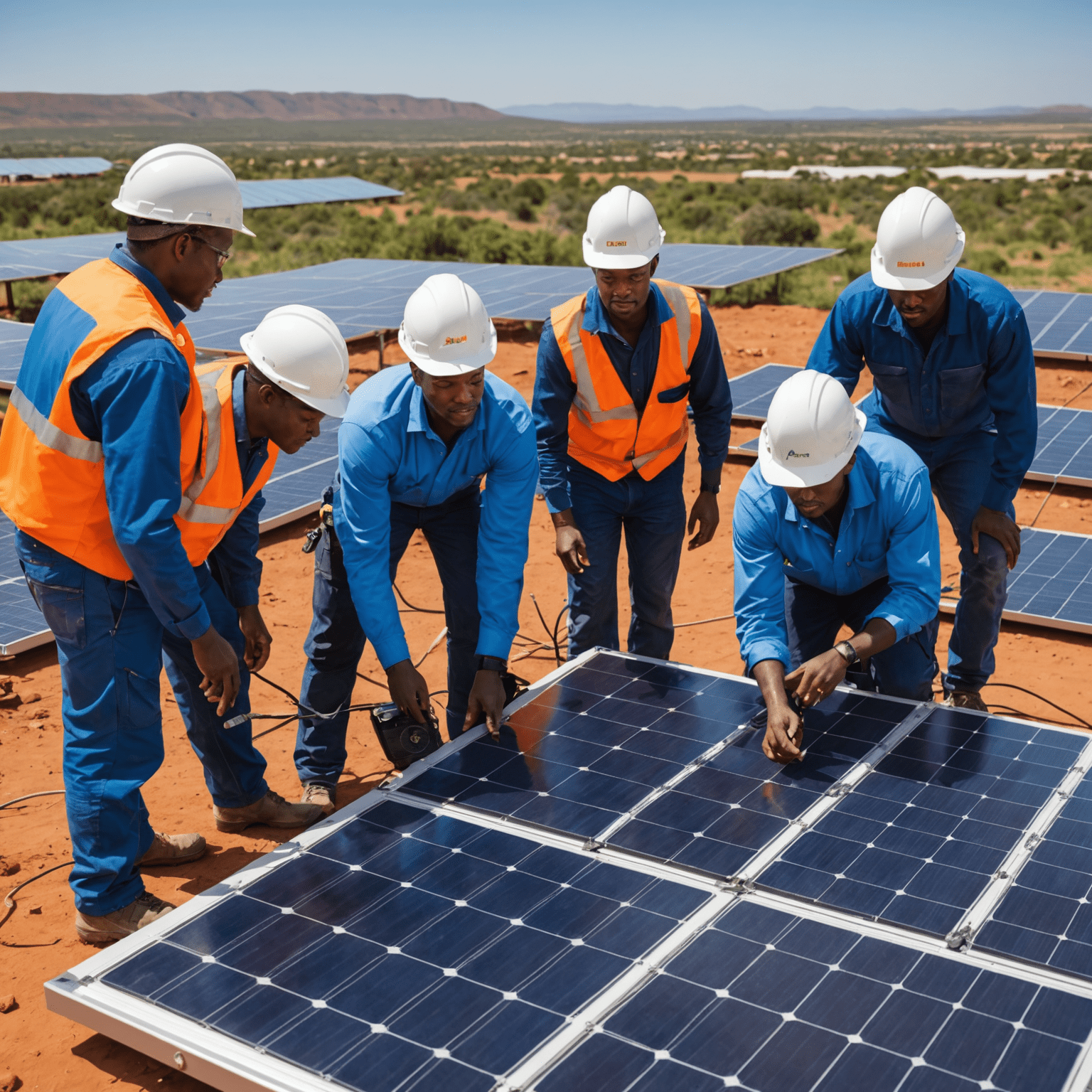 A diverse group of South African engineers and technicians working on a solar panel installation, highlighting the skills development aspect of the renewable energy sector